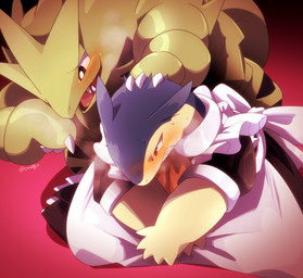 3_claws 5_fingers ambiguous_gender angry blush bodily_fluids brown_body brown_fur claws clothing covering covering_crotch cute_fangs duo embarrassed fangs feral fingers fur gesture gradient_background green_body hand_gesture kneeling looking_at_another looking_at_viewer maid_uniform open_mouth pointing red_eyes simple_background smile sweat sweatdrop tan_body tan_fur teeth tongue uniform biozs nintendo pokemon generation_2_pokemon pokemon_(species) typhlosion tyranitar 2020 digital_drawing_(artwork) digital_media_(artwork) signature