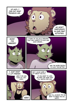 anthro armpit_hair black_clothing black_shirt black_topwear body_hair brown_hair clothing dialogue duo embarrassed five_frame_image fur green_body green_fur hair hand_behind_head looking_away male profanity round_ears serious shirt speech_bubble surprised tank_top text topwear whiskers white_clothing white_shirt white_topwear yellow_body t0l0k scott_(t0l0k) ted_(t0l0k) domestic_cat felid feline felis lion mammal pantherine comic english_text hi_res multiple_scenes