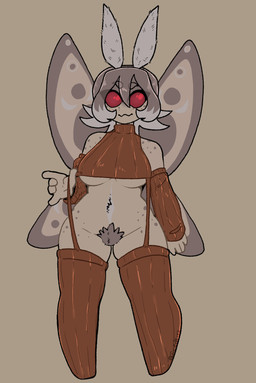 antennae_(anatomy) anthro arm_warmers armwear bottomless bottomless_female breasts clothed clothing cropped_sweater female fur genitals grey_background grey_body grey_fur grey_hair hair insect_wings legwear looking_at_viewer midriff navel no_underwear pubes red_eyes simple_background solo standing thigh_highs under_boob vulva wings tiredfizz harper_(tiredfizz) arthropod insect lepidopteran moth hi_res