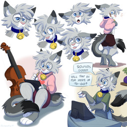 anthro apron bell bell_collar blep blue_collar blue_eyes blush bottomwear bowed_string_instrument cash_register cashier cello clothing collar dipstick_ears dipstick_fingers dipstick_tail dipstick_toes ear_markings embarrassed eyewear femboy fur glasses gold_bell grey_body hair happy inside looking_at_viewer male markings multicolored_ears musical_instrument pink_nose plant_pot round_glasses sad shorts shy simple_background sitting smile solo speech_bubble spots spotted_markings string_instrument surprised sweater tablet tail tail_markings teeth text tongue tongue_out topwear orlandofox nixuelle domestic_cat egyptian_mau felid feline felis mammal 1:1 2026 digital_media_(artwork) english_text hi_res sketch_page