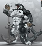 abs anchor anthro biceps big_muscles biped blue_eyes claws featureless_crotch fin foreshadowing fusion gradient_background grey_body grey_skin huge_muscles jaws male markings multicolored_body muscular muscular_anthro muscular_arms muscular_legs muscular_male nipples open_mouth palette pecs raised_arm scar serratus shark_tail sharp_teeth simple_background solo spots spotted_body standing tail tail_fin teeth toe_claws tongue triceps weapon white_body white_skin wristband valentinesartx fish hybrid mammal marine pinniped seal shark 2024 hi_res
