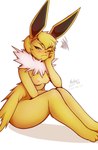 anthro anthrofied areola big_breasts blonde_hair breasts female frown fur green_eyes hair looking_at_viewer narrowed_eyes nipples nude pokemorph simple_background sitting solo tail white_background white_body white_fur yellow_body yellow_fur nachan nintendo pokemon canid eeveelution generation_1_pokemon jolteon mammal pokemon_(species) absurd_res hi_res