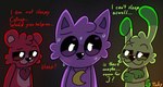 :3 anthro bedroom_eyes black_eyes bodily_fluids ears_down ears_up female fur green_body green_fur heart_symbol jewelry male male/female moon_symbol narrowed_eyes necklace pivoted_ears pupils purple_body purple_fur red_body red_fur scut_tail seductive short_tail smile smirk sweat sweatdrop tail text white_pupils tinky mob_entertainment poppy_playtime smiling_critters bobby_bearhug catnap_(poppy_playtime) hoppy_hopscotch bear domestic_cat felid feline felis lagomorph leporid mammal rabbit
