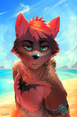 anthro athletic athletic_anthro athletic_male beach black_body black_fur blue_eyes clock detailed_background fur looking_at_viewer male nude outside red_body red_fur sand seaside smile solo standing tuft water oselotti canid canine canis mammal wolf 2017 absurd_res detailed digital_media_(artwork) hi_res