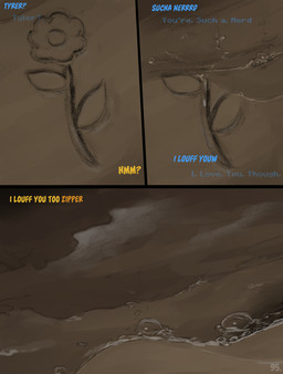 beach blue_text bubble comic_panel dialogue flower offscreen_character plant sand text yellow_text conditional_dnp dacad comic english_text hi_res restricted_palette