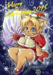 anthro big_breasts blonde_hair blue_eyes breasts christmas_clothing christmas_headwear cleavage clothed clothing female hair hat headgear headwear holidays no_bra santa_hat shirt snow solo teasing text topwear ryou christmas al_(ryou) canid canine canis domestic_dog mammal