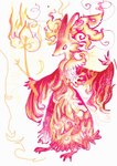 ambiguous_gender anthro big_ears burning clothed clothed_anthro clothing dress feet fire hindpaw holding_branch holding_object inner_ear_fluff neck_tuft paws side_view simple_background smile solo standing swirl_pattern tuft nyxstarr nintendo pokemon delphox generation_6_pokemon pokemon_(species) 2025 traditional_media_(artwork)