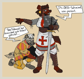 anthro armor barefoot brown_body brown_fur brown_hair chainmail clothing duo ear_piercing ear_ring ears_up feet female footwear fur hair holding_melee_weapon holding_object holding_sword holding_weapon kneeling knight looking_at_another looking_down male male/female medieval medieval_clothing melee_weapon military open_mouth piercing raised_arm ring_piercing socks speech_bubble squire sword tail teeth teeth_showing text warrior weapon white_hair mawkvlt kolya_yeen_(mawkvlt) hyena mammal