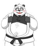 anthro belly black_body black_fur black_nose blush bottomwear clothing eyes_closed fur humanoid_hands kemono male overweight overweight_anthro overweight_male pants simple_background solo undressing white_background white_body white_fur bullbluedog bear giant_panda mammal 2020 hi_res