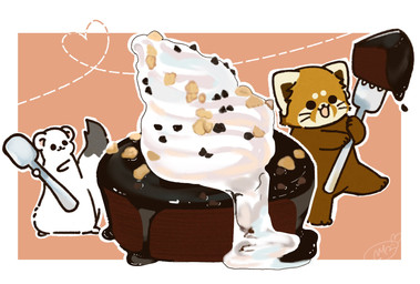 ambiguous_gender brown_body brown_fur candy chibi chocolate dessert dot_eyes duo feral food fur micro simple_eyes white_body white_fur shi_nominmin ailurid mammal mustelid musteline red_panda stoat true_musteline weasel 2021 hi_res
