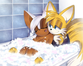 age_difference aged_up anthro bath bubble_bath dark_body dark_skin duo female light-skinned_male light_body light_skin male male/female older_female younger_male squish_(artist) sega sonic_the_hedgehog_(series) miles_prower rouge_the_bat bat canid canine fox mammal hi_res