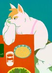 abs anthro blonde_hair blue_background bottomwear bowl clothing container food glass hair leaf leaning_on_table male noodles orange_inner_ear pink_eyes salad shirt shorts simple_background sitting solo tank_top topwear water white_body boarboy canid canine canis domestic_dog mammal hi_res