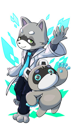 anthro blue_eyes bottomwear chibi clothing duo grey_body humanoid_hands necktie pants shirt simple_background topwear sakusan_kc vtuber araiguma_hakase shirojirou mammal procyonid raccoon 2020 absurd_res hi_res