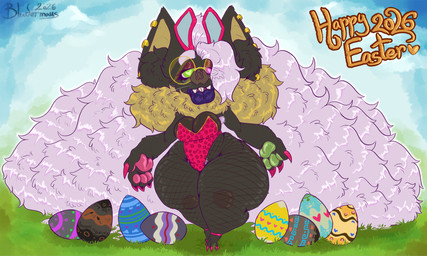 anthro bangs big_ears big_hands big_pawpads breasts bunny_costume cleavage clothed clothing costume easter_egg eyewear female fishnet_clothing fishnet_legwear fluffy glasses hair heterochromia holidays legwear lips long_hair looking_at_viewer neck_tuft solo thick_lips thick_thighs tuft white_hair wide_hips bludermaus easter bludermaus_(character) bat leaf-nosed_bat mammal microbat vampire_bat yangochiropteran 2026 trans_(lore) trans_woman_(lore)