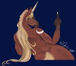 5_fingers amber_eyes ambiguous_gender anthro blonde_hair blonde_mane brown_body fingers gesture hair hand_gesture horn looking_at_viewer looking_back mane middle_finger nude simple_background smile solo tail teeth yellow_tail calima mythology luna_(chestnutluna) equid equine mammal mythological_creature mythological_equine unicorn 2022 digital_media_(artwork)