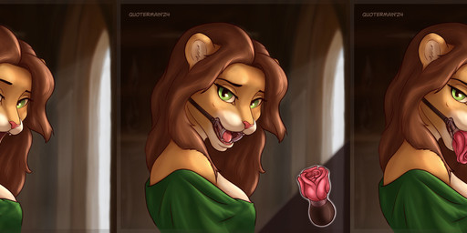 anthro ball_gag bdsm bdsm_gear breasts brown_hair clothing dress female female_anthro flower gag gag_sequence gagged green_clothing green_dress green_eyes hair long_hair looking_at_viewer open_mouth plant ring_gag solo tan_body tongue quotermain gracylioness felid lion mammal pantherine 2025 3:1 absurd_res hi_res