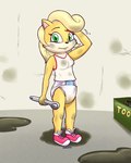 2022 activision anthro bandicoot blonde_hair bodily_fluids clothed clothing coco_bandicoot conejoblanco crash_bandicoot_(series) diaper female footwear full-length_portrait fur genital_fluids green_eyes hair hi_res holding_object holding_tool looking_at_viewer mammal marsupial nitro_crate pink_clothing pink_footwear pink_shoes portrait shirt shoes solo standing sweat tank_top three-quarter_view tools topwear urine wet_diaper wetting white_clothing white_shirt white_tank_top white_topwear
