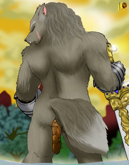 anthro armor balls butt clothing fangs feces gauntlets genitals gloves handwear looking_back male male_pooping melee_weapon nude pooping scatplay solo sword teeth weapon moon_pearl succubi_samus elden_ring fromsoftware blaidd_(elden_ring) canid canine canis mammal wolf absurd_res hi_res signature
