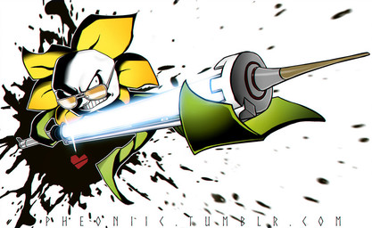 abstract_background angry beam beam_katana black_background black_eyes clenched_teeth eyewear flower frown glasses glowing_weapon green_body heart_symbol holding_object holding_weapon katana leaf light looking_aside male melee_weapon multicolored_body not_furry petals plant pose pupils simple_background small_pupils smile solo standing sword teeth weapon white_background white_body white_face ohnoitspheo no_more_heroes undertale undertale_(series) flowey_the_flower animate_inanimate elemental_creature flora_fauna 2015 crossover detailed
