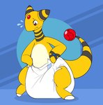 ambiguous_gender anthro big_diaper bodily_fluids clean_diaper clothed clothing diaper solo sweat wearing_diaper bubblepuppers nintendo pokemon ampharos generation_2_pokemon pokemon_(species) hi_res