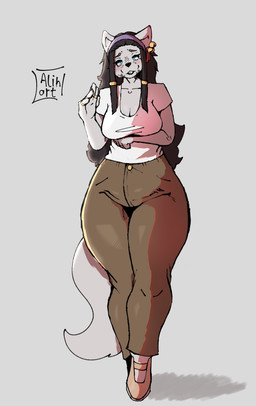 5_fingers accessory anthro bell big_breasts biped black_hair blue_eyes bottomwear breasts brown_bottomwear brown_clothing brown_pants cleavage clothed clothing digit_ring female female_anthro fingers footwear front_view fully_clothed grey_background grey_body grey_markings grey_tail hair hair_accessory hairband humanoid_hands jewelry long_hair looking_at_viewer markings mature_anthro mature_female monotone_background monotone_tail pants pupils shirt shoes simple_background slit_pupils solo standing t-shirt tail text thick_thighs thigh_gap topwear wide_hips alihsart kemma_(alihsart) domestic_cat felid feline felis mammal artist_name digital_drawing_(artwork) digital_media_(artwork) hi_res signature