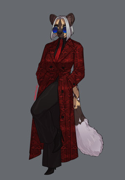 anthro black_bottomwear black_clothing black_pants black_shirt black_topwear blue_eyes blue_eyewear blue_sunglasses bob_cut boots bottomwear brown_body brown_fur button_(fastener) clothing coat eyeshadow eyewear female footwear fur gem glasses grey_hair hair hands_in_both_pockets high_heeled_boots high_heels makeup multicolored_body multicolored_fur necktie one_leg_up pants pattern_clothing raised_leg red_necktie red_trenchcoat round_glasses ruby_(gem) shirt shoes solo sunglasses tail topwear trenchcoat white_body white_fur yellow_body yellow_fur goddamnitrobin veronica_(azimuthium) african_wild_dog canid canine mammal 2025 hi_res signature