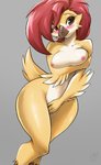 anthro beak big_breasts blush breasts female grey_background hair nipples non-mammal_breasts nude red_hair simple_background solo wide_hips yellow_body kittellox_(artist) avian bird