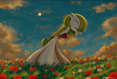 ambiguous_gender blush cloud detailed_background eyes_closed flower grass green_pseudo_hair open_mouth plant pseudo_hair sky solo sun toony white_body gyuragyura nintendo pokemon gardevoir generation_3_pokemon humanoid pokemon_(species) 2024 detailed signature