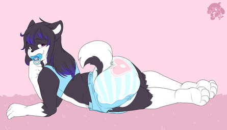 ageplay anthro bedroom_eyes black_hair blue_highlights butt clean_diaper clothed clothing crop_top diaper female hair highlights_(coloring) infantilism long_hair lying narrowed_eyes object_in_mouth on_front pacifier pacifier_in_mouth presenting presenting_hindquarters roleplay seductive shirt solo teasing topwear wearing_diaper bubblepuppers kino_strife canid canine canis domestic_dog husky mammal nordic_sled_dog siberian_husky spitz absurd_res hi_res