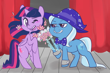 blue_body blue_fur blue_hair bow_(feature) bow_tie clothing cutie_mark duo eyelashes female feral flower fur grin hair hat headgear headwear horn magic magic_wand multicolored_hair pink_hair plant purple_body purple_eyes purple_fur purple_hair smile sparkles stage star teeth unicorn_horn wings wizard_hat mt friendship_is_magic hasbro my_little_pony mythology trixie_(mlp) twilight_sparkle_(mlp) equid equine horse mammal mythological_creature mythological_equine pony winged_unicorn 2015 digital_media_(artwork) signature