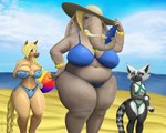 anthro ball beach beach_ball belly big_breasts black_body blonde_hair bodily_fluids bracelet braided_hair braided_tail breasts clothed clothing ear_piercing ear_ring eyes_closed female grey_body group hair hand_fan hat headgear headwear inflatable jewelry looking_away markings mature_female multicolored_body necklace outside overweight overweight_female piercing ring_piercing seaside size_difference skimpy skimpy_bikini slightly_chubby slightly_chubby_female slim small_breasts sweat sweaty_legs sweaty_thighs tail thick_thighs trio two_tone_body wide_hips ahoeforcoffee foretales aube_(foretales) isabeau_(foretales) sylvia_(foretales) elephant elephantid equid equine horse lemur mammal primate proboscidean strepsirrhine 2022 5:4 absurd_res alternate_version_at_source hi_res