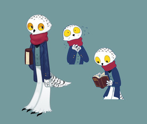 ambiguous_gender anthro book clothed clothing looking_at_viewer reading simple_background skinny solo tail ni_namedori avian bird owl digital_media_(artwork) multiple_images