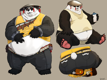 anthro asian_clothing asian_conical_hat barefoot belly belt big_belly big_butt bulge butt chinese_clothing clothing duo east_asian_clothing eyewear facesitting feet fur glasses hat headgear headwear jockstrap male male/male multicolored_body multicolored_fur navel overweight pawpads sitting sitting_on_another underwear thygorforgeglow mihoyo zenless_zone_zero pan_yinhu bear giant_panda mammal 2025 4:3 hi_res