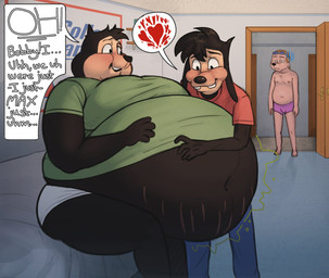 anthro bed belly belly_worship big_belly black_body black_fur black_hair blonde_hair blush body_worship bottomwear buckteeth clothed clothing college_dorm door ear_piercing fur furniture green_clothing green_shirt green_topwear group hair hand_on_belly heart_symbol huge_belly male male/male moobs navel nipples obese obese_anthro on_bed open_door overweight overweight_anthro pants piercing poster red_clothing red_shirt red_topwear rumbling_stomach shirt slightly_chubby smile speech_bubble stretch_marks tan_body tan_fur teeth topwear trio underwear underwear_only sodiux disney goof_troop max_goof pj_(goof_troop) robert_zimmeruski canid canine canis domestic_cat domestic_dog felid feline felis mammal 2026 hi_res