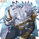 abs anthro male muscular muscular_anthro muscular_male nipples pecs solo surgical_suture sollyz bandai_namco digimon digimon_(species) weregarurumon 1:1 2015