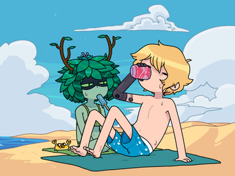 antlers barefoot beach beverage_can bikini blonde_hair bodily_fluids bottomwear clothed clothing cloud drinking eating eating_food feet female food green_body green_eyes green_skin group hair horn leaf leaf_hair male mechanical_arm not_furry plant plant_hair popsicle pseudo_hair sitting sweat swimming_trunks swimwear toony towel trio two-piece_swimsuit water discount-supervillain adventure_time cartoon_network finn_the_human huntress_wizard jake_the_dog arthropod canid canine canis crab crustacean decapod domestic_dog elemental_creature elemental_humanoid flora_fauna horned_humanoid human humanoid hybrid malacostracan mammal plant_humanoid 4:3 digital_media_(artwork)
