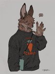 anthro clothing electronics male phone solo speech_bubble sweater text text_on_clothing text_on_sweater text_on_topwear topwear mucknagabe lagomorph leporid mammal rabbit english_text hi_res