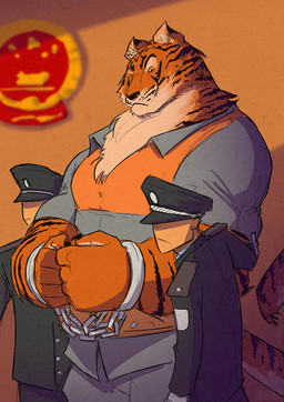 anthro arrested barazoku black_body black_fur bound chain chained chinese_national_emblem clothed clothing cuff_(restraint) frown fully_clothed fur group handcuffs male metal_cuffs muscular muscular_male orange_body orange_fur police police_hat police_officer police_uniform prison_uniform prisoner restrained restraints shackles size_difference tan_body tan_fur uniform yellow_eyes conditional_dnp jollyjack chinese_zodiac year_of_the_tiger felid human mammal pantherine tiger 2022