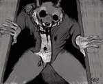 anthro blood bodily_fluids clothing fluffy fur gore male scary shirt tall topwear canid canine canis mammal wolf black_and_white comic hi_res monochrome