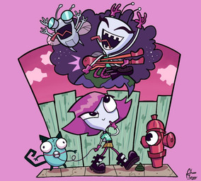 antennae_(anatomy) anthro big_eyes big_head black_boots black_clothing black_footwear blue_body blue_fur boots chibi clothing collar expressive fence fire_hydrant footwear fur grey_body grey_skin hair leash pink_background purple_hair shoes simple_background standing walking mags-niac disney invader_zim nickelodeon the_buzz_on_maggie maggie_pesky pupert_pesky alien arthropod fly_(animal) insect 2025 crossover sibling_(lore)