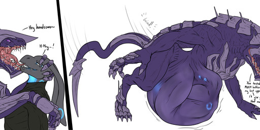 abdominal_bulge all_fours anthro arm_on_shoulder belly bodily_fluids bulge carapace curled_up detailed_bulge drooling duo endosoma face_imprint female feral flirting glowing glowing_eyes glowing_markings hand_on_head hand_on_shoulder head_imprint imprint licking looming_over male male/female male_pred markings mouth_shot muffled open_mouth oral_vore predator/prey prey_imprint prey_outline resting_on_shoulder safe_vore saliva same_size_vore soft_vore spikes spread_legs spreading squirming stretchy_belly struggling struggling_prey suggestive tail teasing text tight_belly tongue tongue_out vore willing_prey conditional_dnp samagthrav2 derlik khanivore alien monster absurd_res english_text hi_res