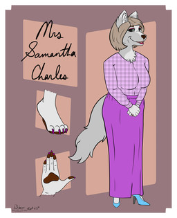 anthro biped blouse blue_clothing blue_footwear blue_high_heels blue_shoes bob_cut bottomwear breasts brown_hair brown_nose chest_tuft clothed clothing dipstick_ears ear_markings elderly elderly_female eyelashes eyeshadow female fingers footwear fur green_eyes grey_hair greying_hair hair hands_folded high_heels lipstick looking_at_viewer makeup modest multicolored_body multicolored_ears multicolored_fur open_mouth pattern_clothing pattern_topwear plaid plaid_clothing plaid_topwear purple_blouse purple_bottomwear purple_clothing purple_shirt purple_skirt purple_topwear red_lipstick ring_(jewelry) shirt shoes simple_background skirt smile solo standing tail teeth text tongue topwear tuft two_tone_body two_tone_fur bbear mrs._charles_(bbear) canid canine canis mammal wolf 2025 absurd_res dated digital_media_(artwork) english_text hi_res model_sheet signature
