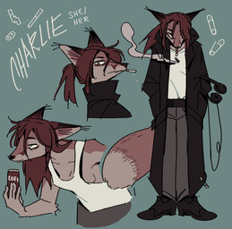 anthro bottomwear can cigarette clothing coat container electronics female fluffy fluffy_tail footwear hair headphones pants ponytail shirt shoes short_hair smoking solo tail tank_top topwear trenchcoat fourleafisland charlie_(fourleafisland) canid canine canis fox mammal true_fox absurd_res hi_res model_sheet trans_(lore) trans_woman_(lore)