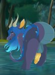 2_horns animal_genitalia animal_penis anthro anus balls bathing bent_over black_eyebrows blue_hair butt erection eyebrows forest genitals hair horn lake long_hair looking_at_viewer looking_back looking_back_at_viewer male multicolored_body multicolored_scales open_mouth outside partially_submerged penis pink_anus pink_tongue plant presenting presenting_anus presenting_hindquarters pupils purple_body purple_ears purple_eyes purple_scales purple_tail raised_tail rear_view scales slit_pupils snout solo standing tail tail_mane tan_horn teal_balls teal_body teal_scales teal_tail thick_tail tongue tree two_tone_body two_tone_scales two_tone_tail vein veiny_penis water wet yellow_inner_ear yellow_penis yellow_sclera blurrypanda mythology gary_(blurrypanda) dragon mythological_creature mythological_scalie scalie absurd_res hi_res
