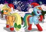 applejack_(mlp) blue_body blue_fur butt christmas clothing duo earth_pony english_text equid equine female feral friendship_is_magic fur genitals hair hasbro hat headgear headwear hi_res holidays horse looking_at_viewer looking_back mammal moon multicolored_hair multicolored_tail my_little_pony night outside pom_hat pony presenting presenting_hindquarters pussy rainbow_dash_(mlp) rainbow_hair rainbow_tail snow tail text ziemniax