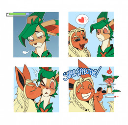 blush brown_body brown_fur comic_panel duo female feral fur kissing kissing_cheek male orange_body orange_fur smile status_effect teeth yellow_body yellow_fur atta_catto conditional_dnp nintendo pokemon fan_character flarhys_(bookabashka) regulus_(atta_catto) canid canine eeveelution flareon generation_1_pokemon generation_4_pokemon leafeon mammal pokemon_(species) comic hi_res