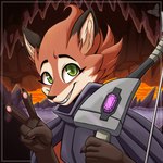 anthro bow_(weapon) cloak clothing detailed_background dipstick_ears ear_markings female fur gloves_(marking) green_eyes markings multicolored_ears orange_body orange_fur ranged_weapon smile smiling_at_viewer solo weapon dan_scarf dungeons_of_aether rivals_of_aether fleet_(dungeons_of_aether) canid canine fox mammal 1:1 absurd_res bust_portrait colored hi_res portrait