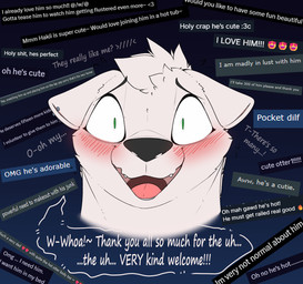 anthro black_eyebrows black_nose blue_background blush blush_lines cheek_tuft comment cute_fangs e621_comment ear_piercing emoji eyebrows facial_tuft fangs flustered fur gradient_background green_eyes grey_text hair looking_at_viewer male mature_male nervous nervous_smile open_mouth open_smile piercing pupils simple_background small_pupils smile solo teeth text tuft white_body white_fur white_hair white_text katauni hakii_(katauni) mammal mustelid otter 2026 english_text headshot_portrait hi_res portrait