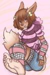 5_toes anthro anthrofied barefoot biped bottomwear breasts brown_body brown_fur clothing denim denim_bottomwear denim_clothing feet female foot_focus fur hair humanoid_feet jeans pants plantigrade pokemorph purple_eyes ribbons shirt simple_background soles solo star stripes toes topwear sebafox nintendo pokemon canid canine eevee generation_1_pokemon mammal pokemon_(species) 2015 digital_media_(artwork) full-length_portrait hi_res portrait sketch