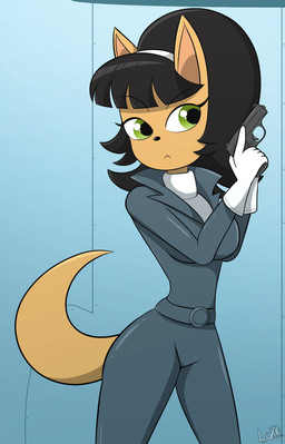 anthro black_hair clothing female gloves green_eyes gun hair handgun handwear inside leather leather_clothing pistol ranged_weapon serious_face solo standing sweater tan_body topwear turtleneck weapon luckster1234 nickelodeon t.u.f.f._puppy kitty_katswell domestic_cat felid feline felis mammal 2025 colored hi_res shaded signature